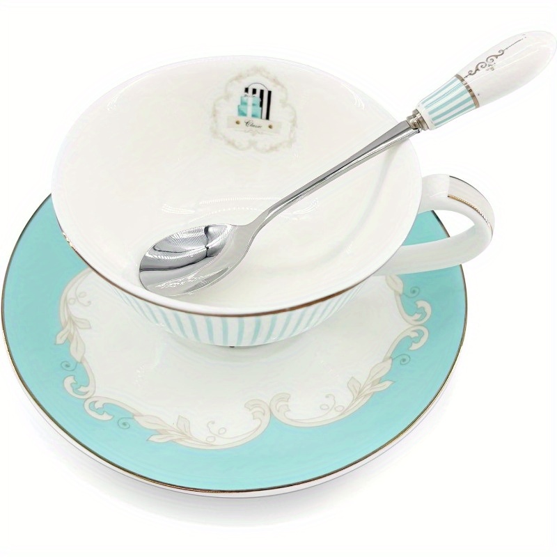 elegant vintage ceramic teacup set with a spoon and saucer, featuring   china and striped design., ideal for weddings & travel, this porcelain tea cups is an   luxury gift, accessory for home ceramic sofa mini tea cup tableware teaware. Product details 3