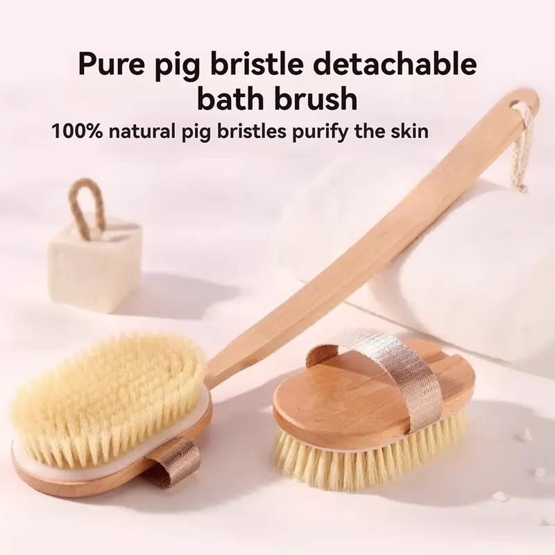 1pc natural bristle long handle back bath brush detachable handle and elastic used wet or dry gentle body cleansing and exfoliation no power required body brush long handle shower brush shower supplies Product details 1