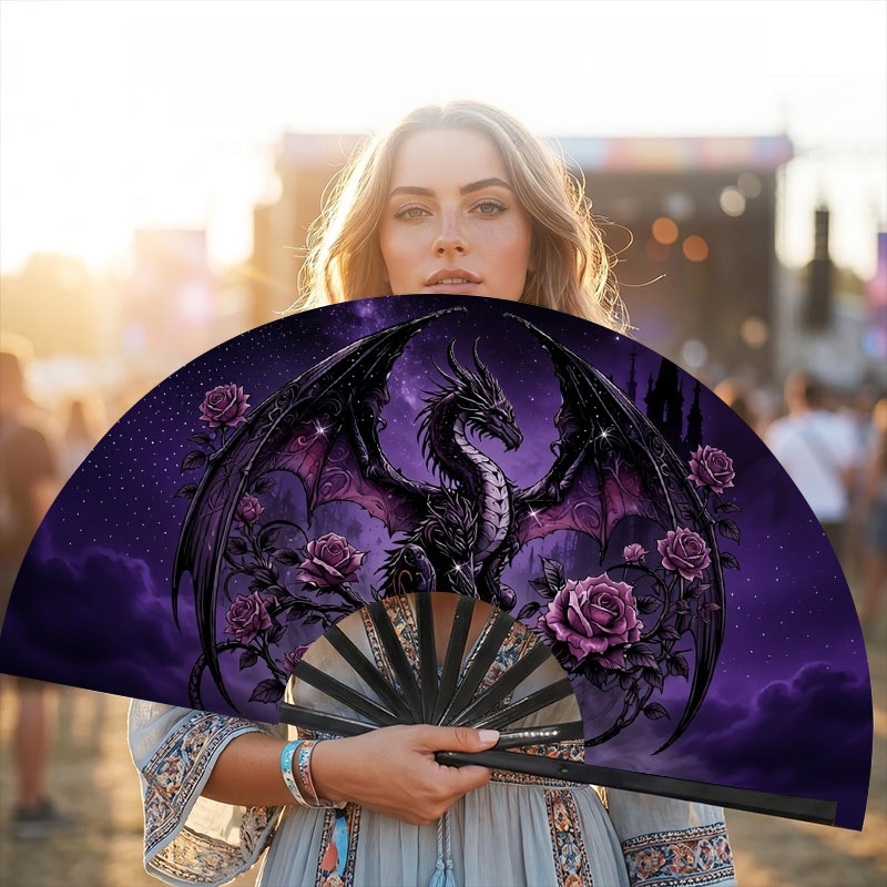 TEMU Gothic Purple Rose Starry Women's Handheld Folding Fan, 13-inch Black Plastic Fan Ribs Pop Fan, 1pc Portable Lightweight Accessory, Suitable For
