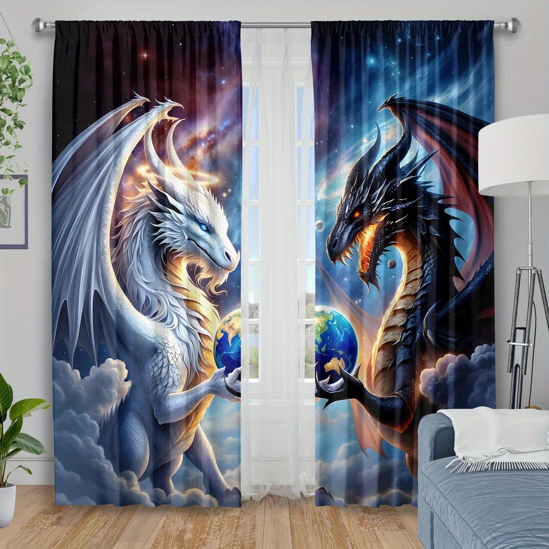 TEMU 2pcs Curtain Fabrics, Dragon Printing Window Products, Insulation Blackout Curtains For Bedroom, Polyester Machine Washable, Kitchen Bedroom