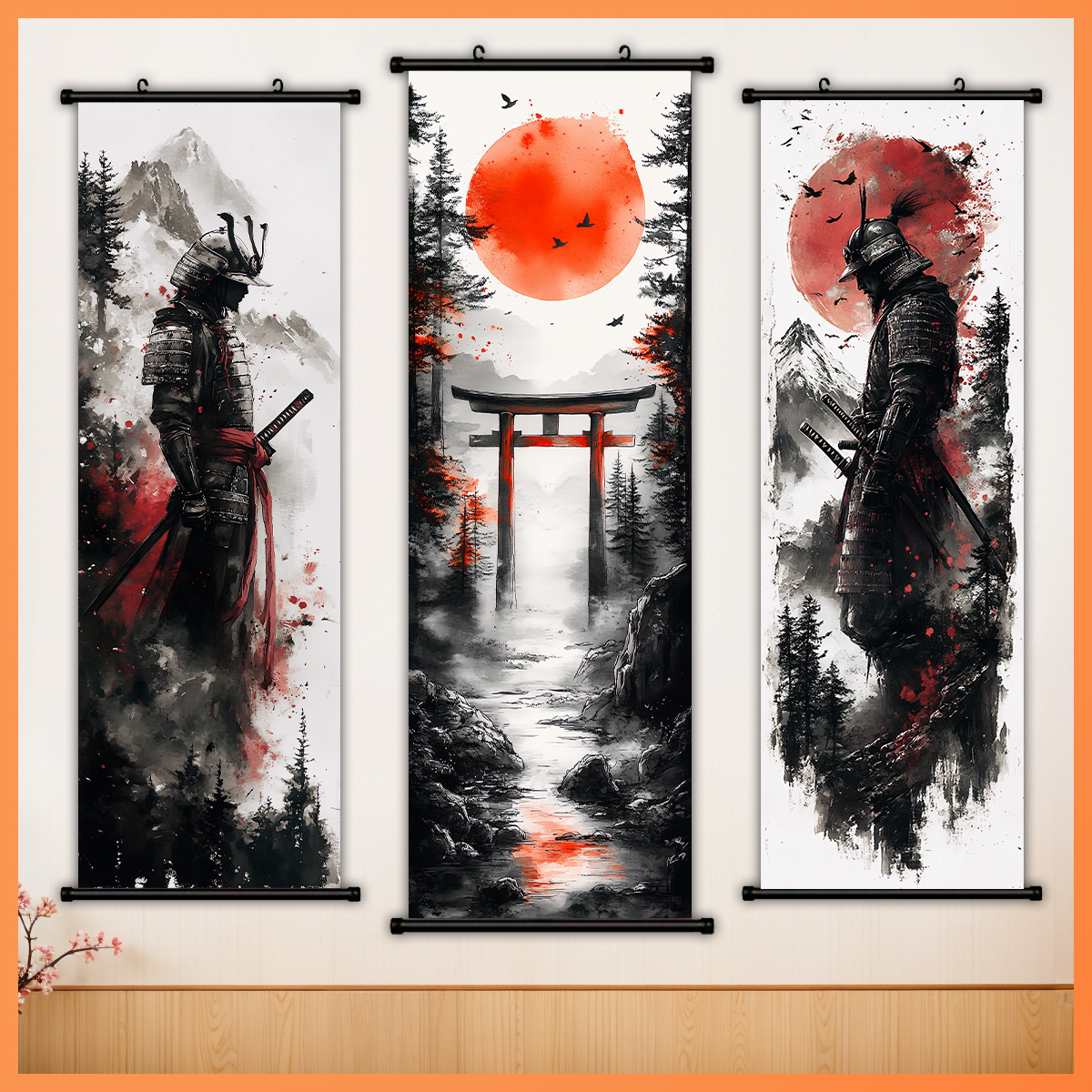 TEMU 2d Flat, 2d Flat, 2d Flat 2d/flat- - 3pcs Japanese Ink Painting Art Set - Vintage Pattern Scroll Paintings - High-definition Canvas That Won't