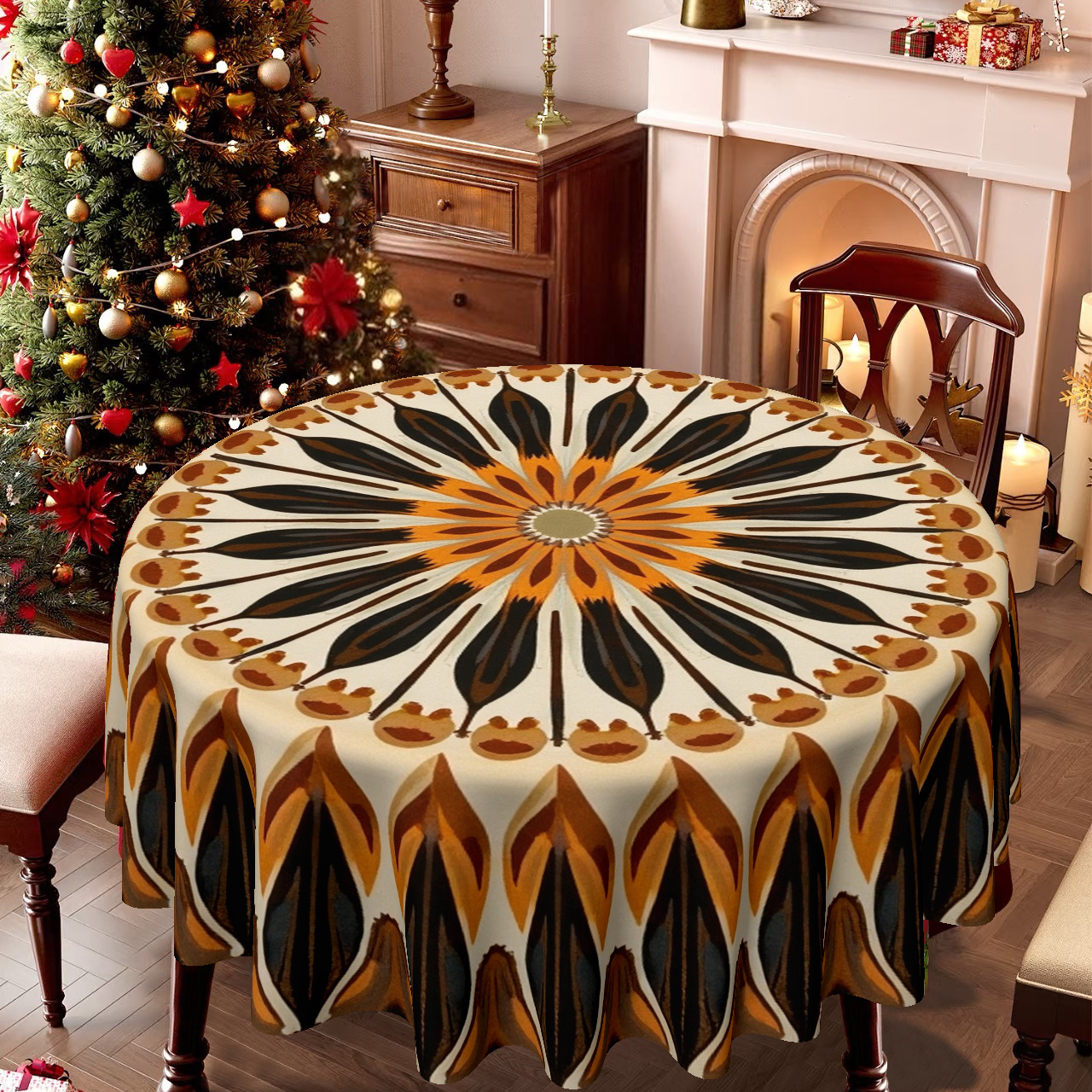 TEMU 1pc Round Tablecloth Beige Golden Radial Leaf Pattern - Elegant Beige Circles, Durable Fabric For Round Dining Table, Kitchen, Coffee Table,