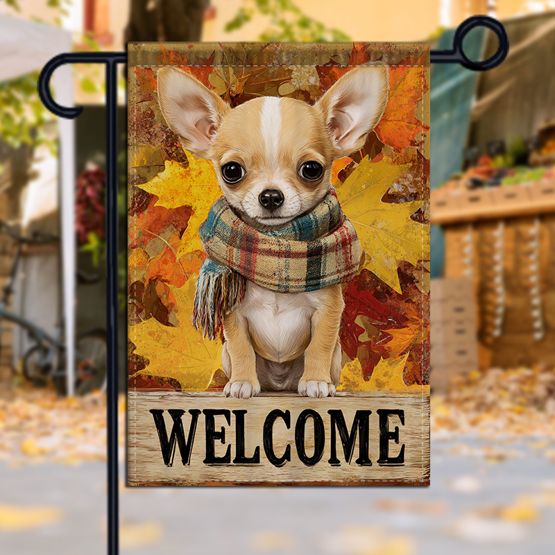 TEMU 1pc Double-sided Chihuahua Garden Flag With Colorful Fall Leaves - Outdoor Yard Decoration, Cute Chihuahua With Green & Brown Foliage, Durable