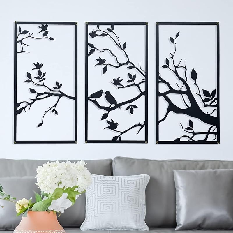 TEMU 3pcs Small Birds On Branches Large Metal Wall Art Decoration, Life Black , Leaves With Birds Metal Decorated Suitable Home Living Room Interior