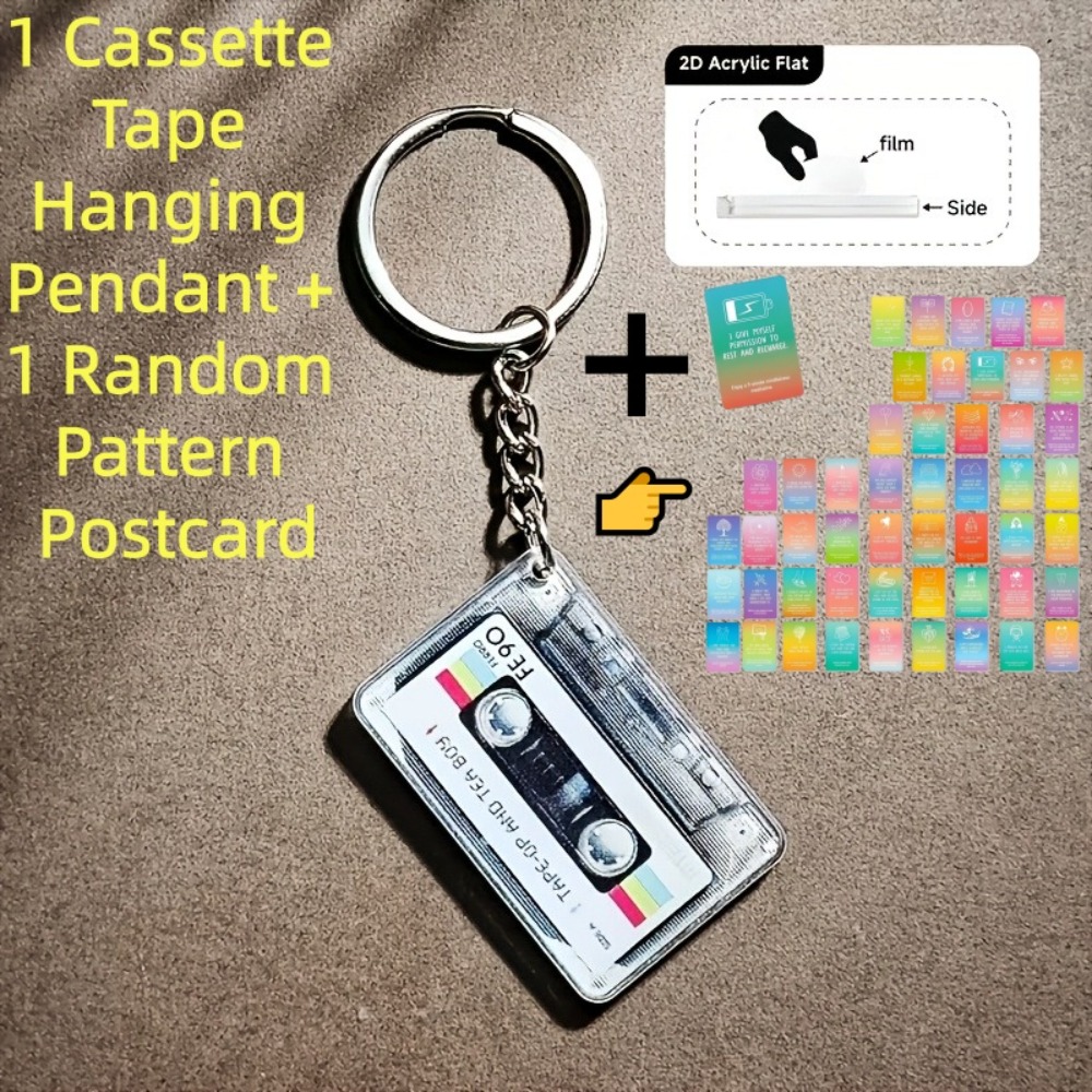 TEMU Set 2 pezzi piatto 2D: 1 portachiavi a forma di musicassetta con ciondolo + 1 con motivo casuale - Portachiavi piatto 2D a nastro vintage anni
