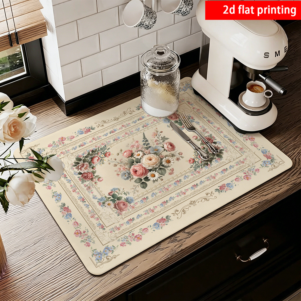 TEMU 2d Flat Printing, 1pc, Rustic Tableware Drying Mat/absorbent Placemats, Non-slip Rubber Backing, Printed With Multi-colored Floral And Vintage