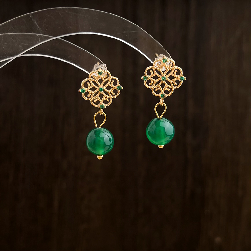 TEMU 2 piezas de aretes de moda para mujer de estilo chino vintage de verde, aretes de tachuelas de circonita sintética de encaje lujoso con un ,