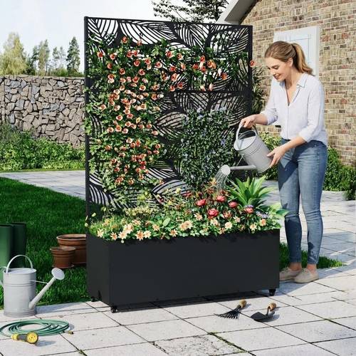 metal raised garden bed with trellis and wheels 71 x47 x16 metal planter box with trellis privacy screen for climbing plants vegetable vines drainage holes 15 8 deep planting bed black