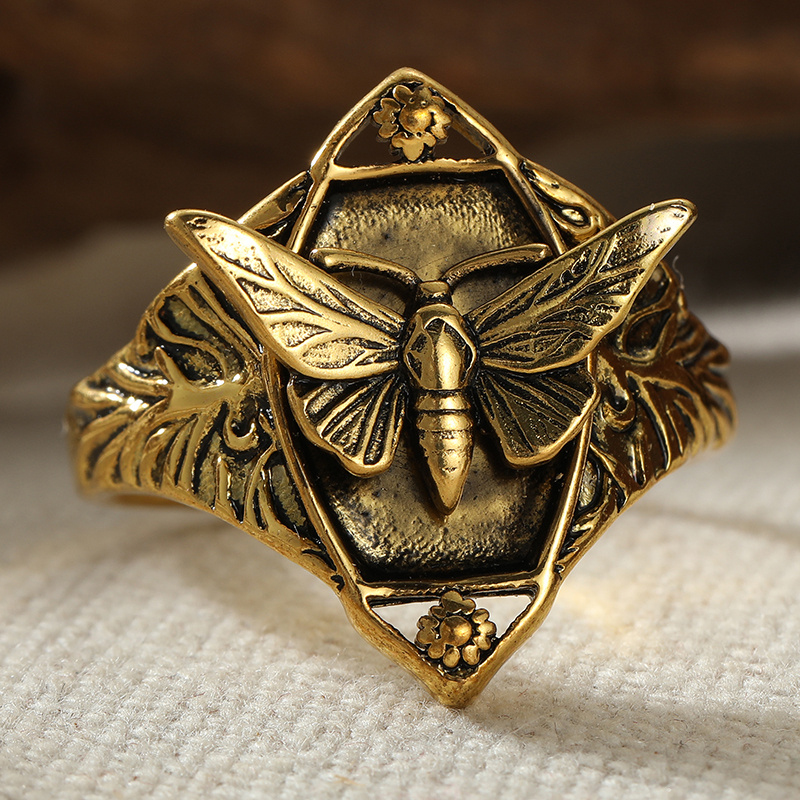 Ethnic Hand Carved Bee Women's Ring in Golden Color
