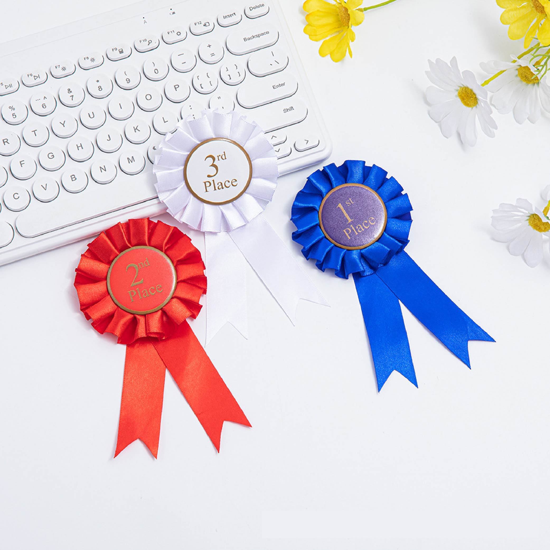 E-shop 3 S Satin Ribbon Medaillen in Blau, Rot und Weiß - 3 verschiedene Farben mit 1. Platz, 2. Platz und 3. Platz-Trophäen mit Rosen-Design - für
