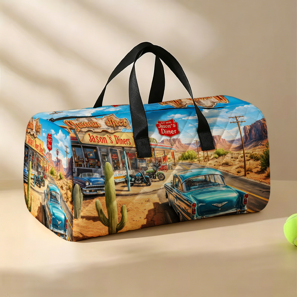 TEMU 1pc Vintage Car Diner Print Foldable Lightweight Travel Bag Organizer, American Nostalgic Style, Ideal For Travel And Daily Use, Suitcase
