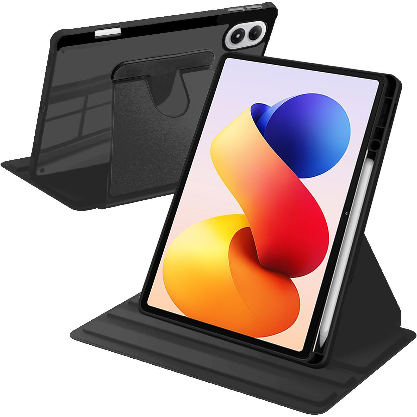 E-shop Drehbarer Hülle für Redmi Pad 2 Pro 2025 12.1 Zoll mit Halter, 360 Grad Drehbarer Schutzständer, Transparente Rückseite, Auto Wake/Sleep