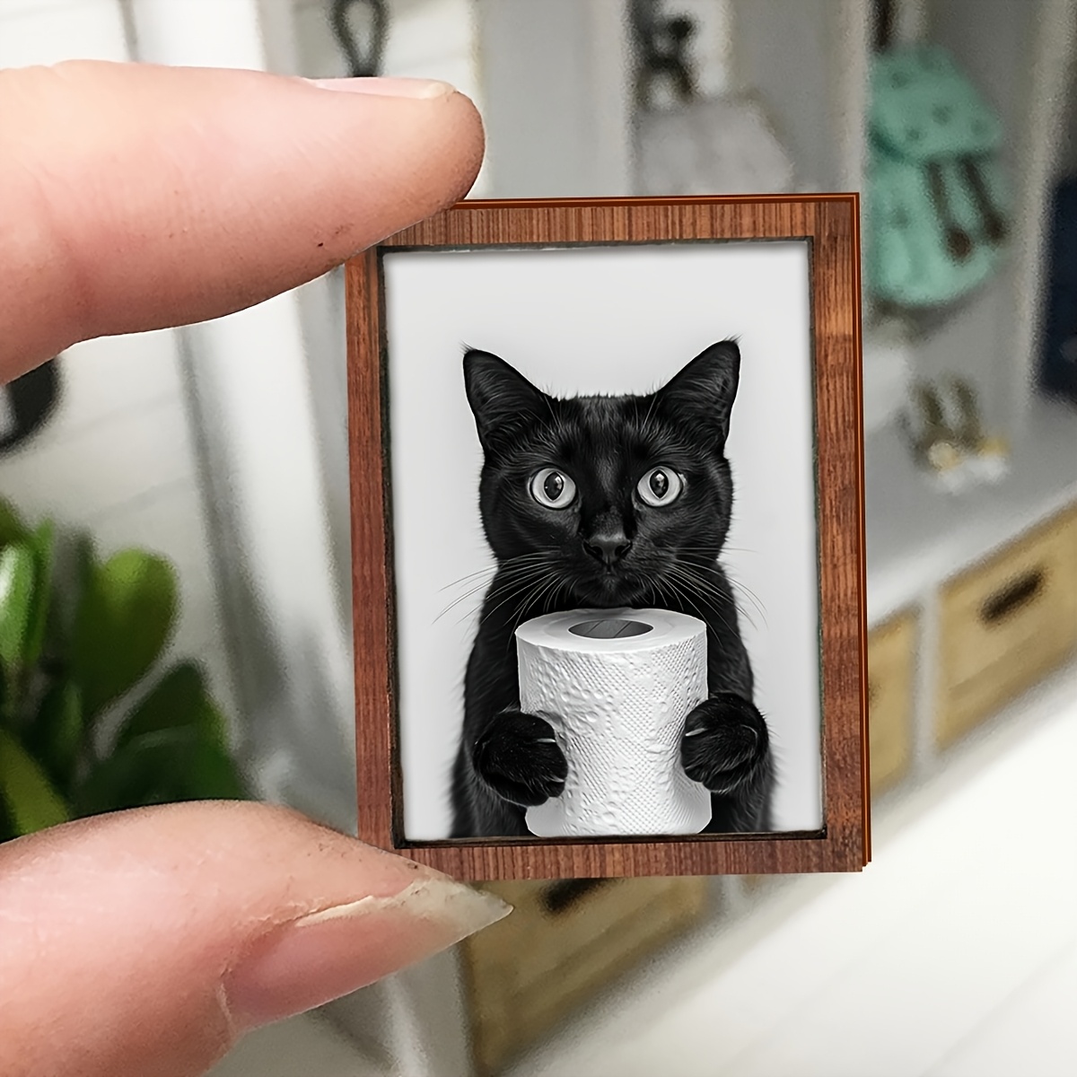 TEMU 2d Flat - 1pc Dollhouse Mini Accessory, Single Layer Black Cat Holding Napkin Pattern, Fun Rectangular Shaped Wooden Ornament, Mini Miniature