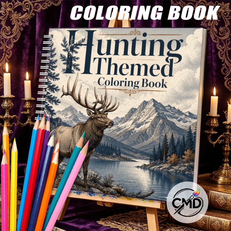 TEMU Cmd Hunting Themed Creativity Spiral-bound Coloring Book, 24 Pages Stress Relaxing Artwork, Perfect Gift For Birthdays, Christmas, Halloween,