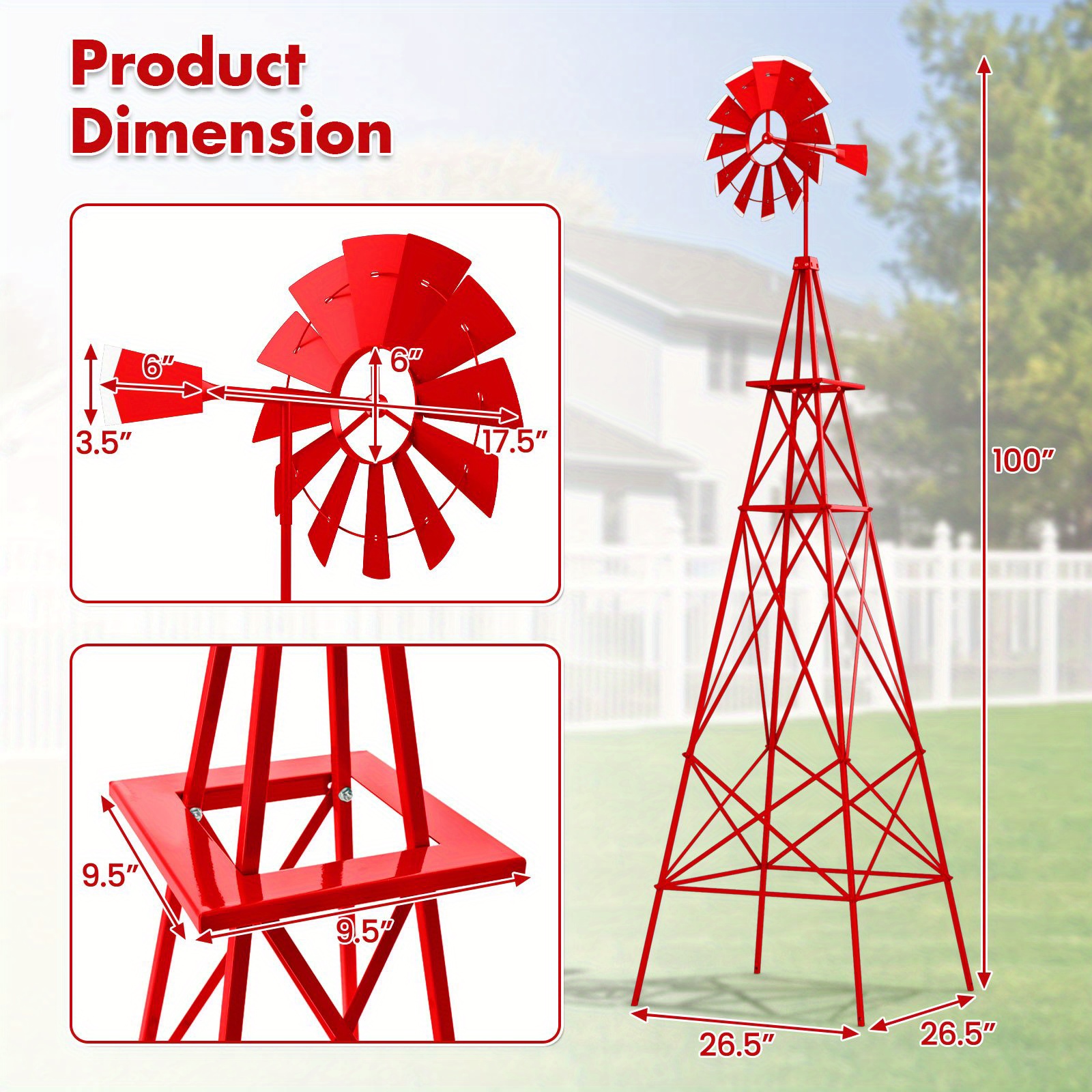 8-Foot Tall Ornamental Metal Windmill – With Weathervane, 4 Support Legs & Ground Stakes, Gray/Green