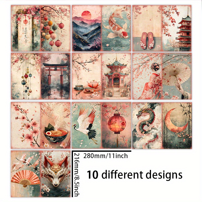 TEMU 1 Set Of 10 (11*8.5 Inch) Ancient Cherry Scenery Background Material Decoration Retro Diary Junk Journal Greeting Card Planner Background Card