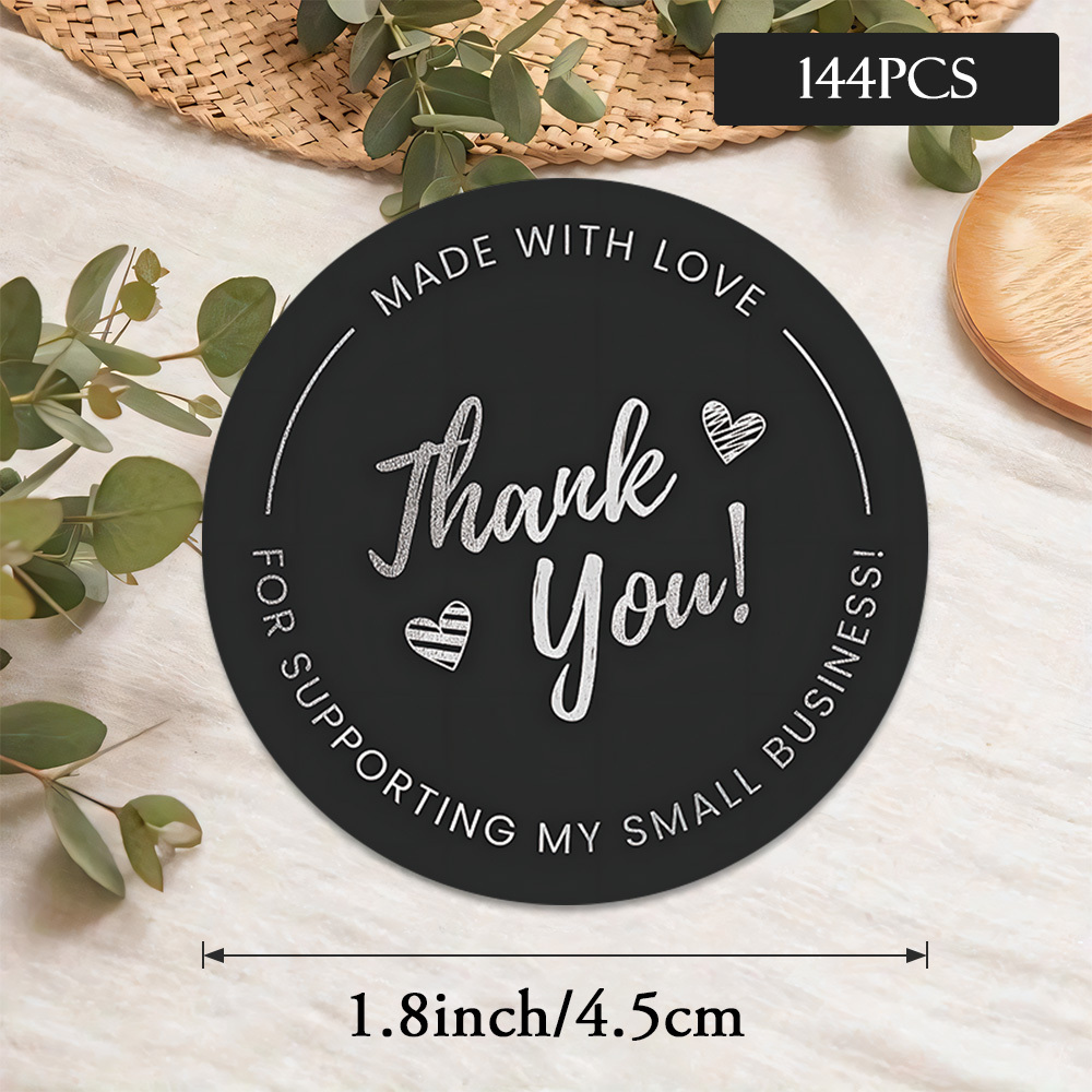 TEMU Round Stickers Available In Packs Of 48, 96, Or 144 Featuring '' In Silver Text On A Black Background, Ideal For Small Business Packaging, Gift