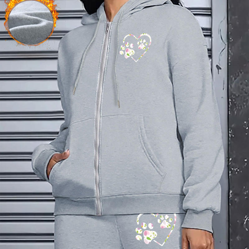 

Women's Cozy Fleece-lined Hoodie & Pants Set Print - Casual Zip-up Hooded Sweatshirt And Joggers, Machine Washable