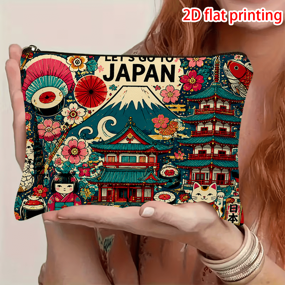 TEMU 1pc Japan-themed Zipper Pouch With , Cherry , Cat, Koi Fish, Sushi & Geisha Art - Vibrant Pagoda Storage Bag Suitable For Travel, Cosmetic