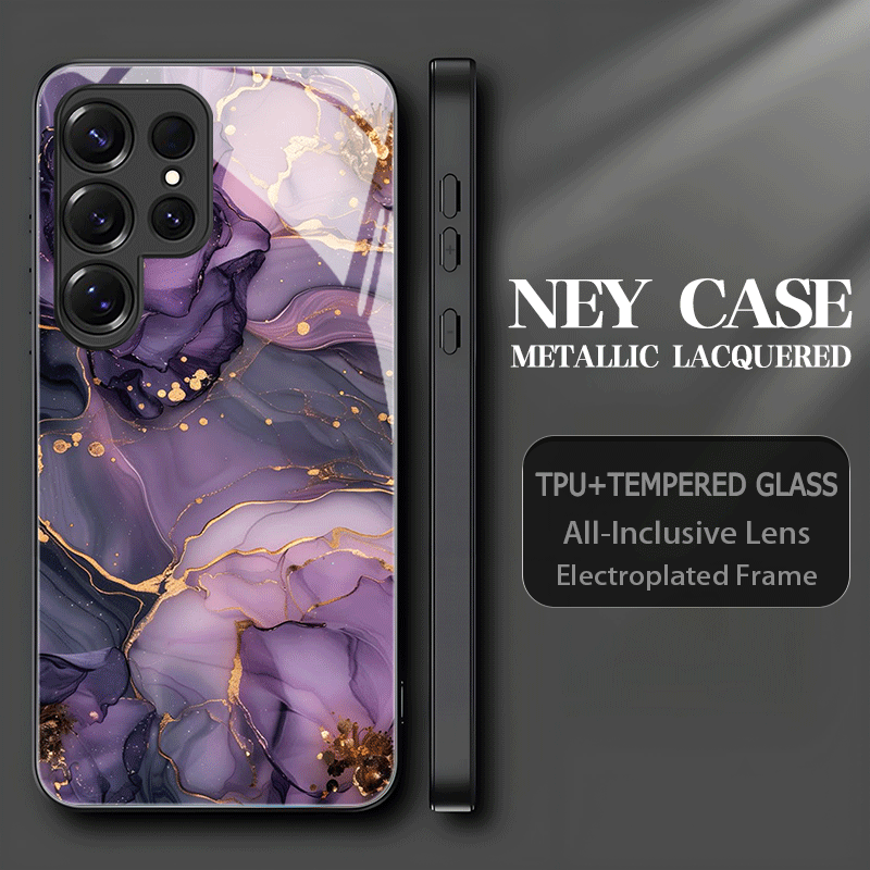 TEMU Phone Case - Purple Flower Marble Pattern Tempered Glass Phone Case For S26 Ultra, S26 Plus, S26, S25 Fe, S25 Ultra, S25 Plus, S25+, S24, S23,