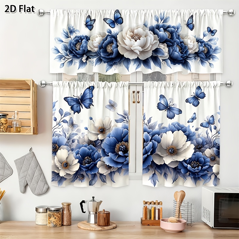 TEMU 2d Flat - 2d Flat. 3pcs Set Of Blue And White Floral Curtain Set, Decoration, Kitchen Curtains