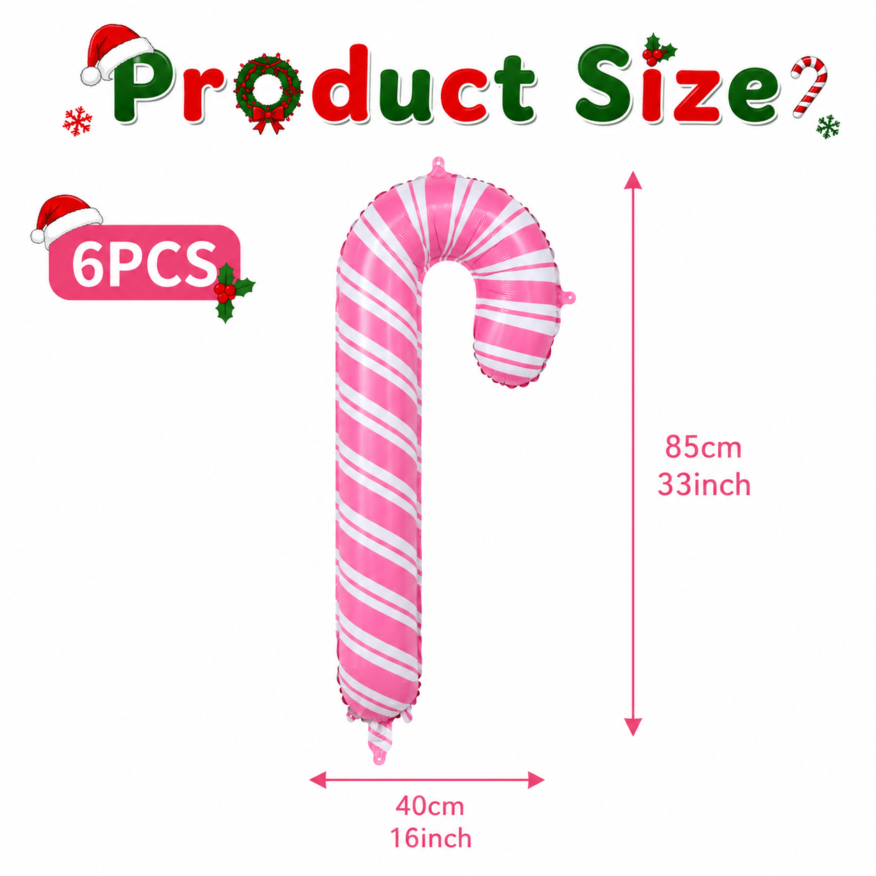 TEMU 6pcs Set - Large 33-inch Pink And White Striped Candy Cane Balloon Set, Christmas Balloons, Christmas Decorations, Suitable For Christmas,