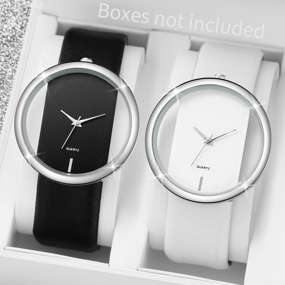 

2pcs Minimalist Quartz Couple Watches, Hollow Dial, Leather Band, Non-rechargeable Battery, Plastic Case - Fashionable Wristwatches For Women (boxes Not Included)