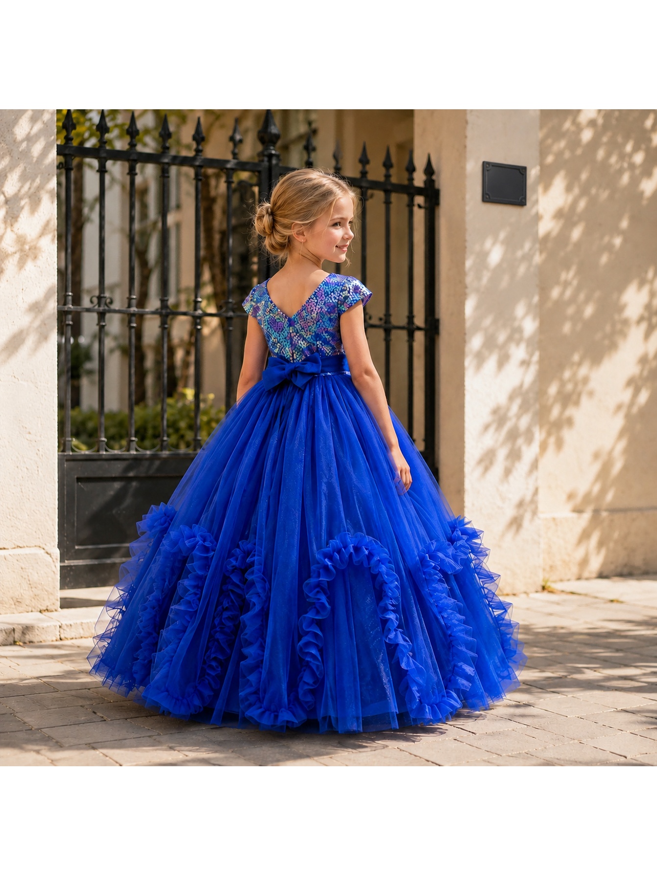 Girls' Royal Blue Sequin Tulle Dress with Bow Waist And Layered Ruffle Skirt, Formal Party, Birthday, And Stage Outfit