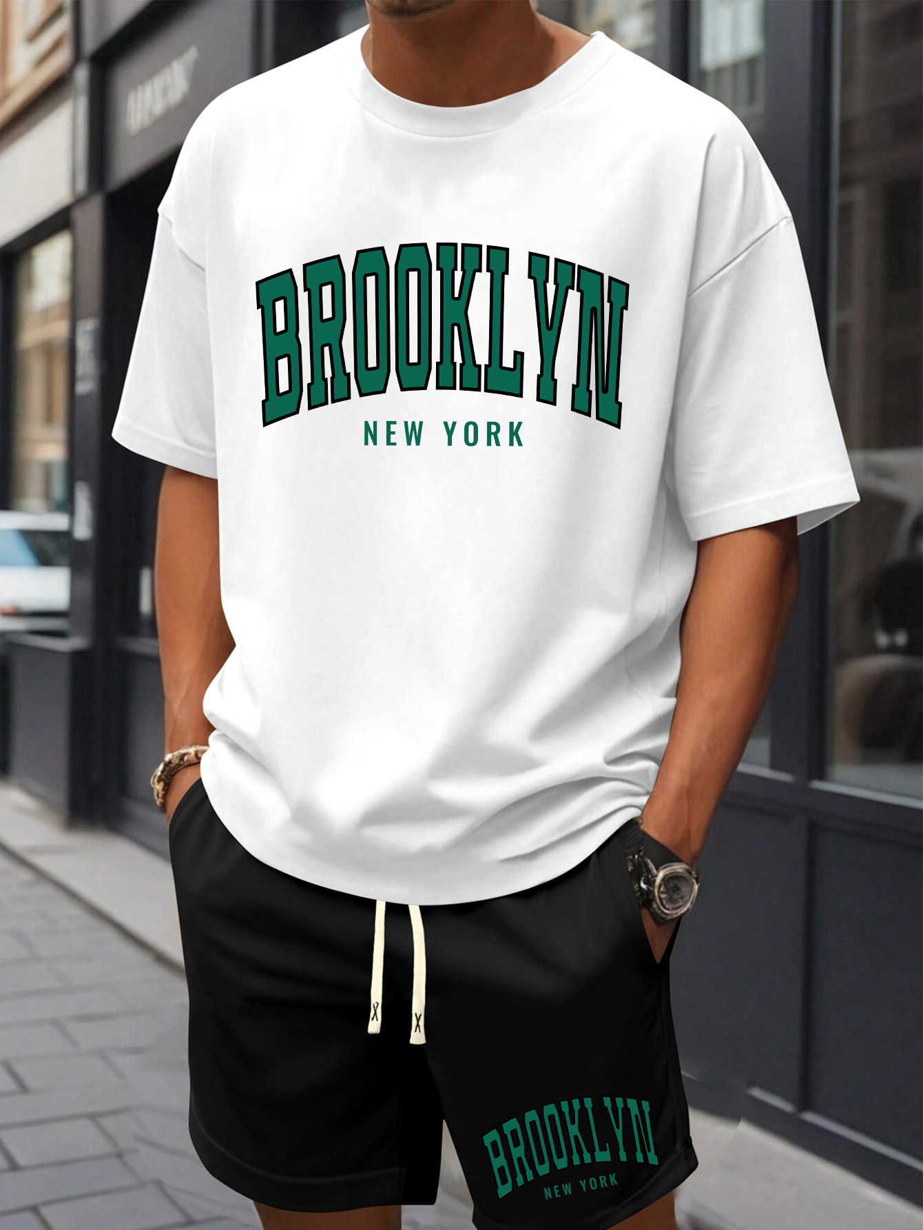 Men'S Brooklyn New York Print Cotton T-Shirt & Shorts Set - Casual Crew Neck, Short Sleeve, Loose Fit, Summer Outfit with Pockets, White with Green Lettering, Beachwear Clothing|Relaxed Fit Shorts|Pocketed Tshir