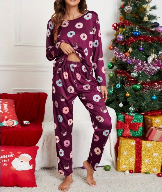 3 sets of 6pcs womens casual polyester tricolor long sleeved top long pants pajama set with eye mask doughnut doll bear moon and   fabric long sleeved top with trousers   casual loungewear     outs Product details 9