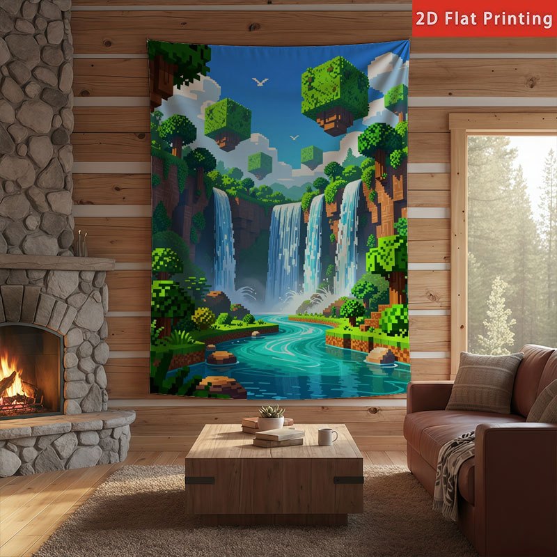 Tapiz de Pixels de Cascada Impresa en 2D Plana | Duradero, Resistente a las Arrugas, Fácil de Colgar - Perfecto para Salas de Juegos, Dormitorios y Residencias Estudiantiles - Idea de Regalo Única con Ganchos, Ideal para Navidad, Halloween