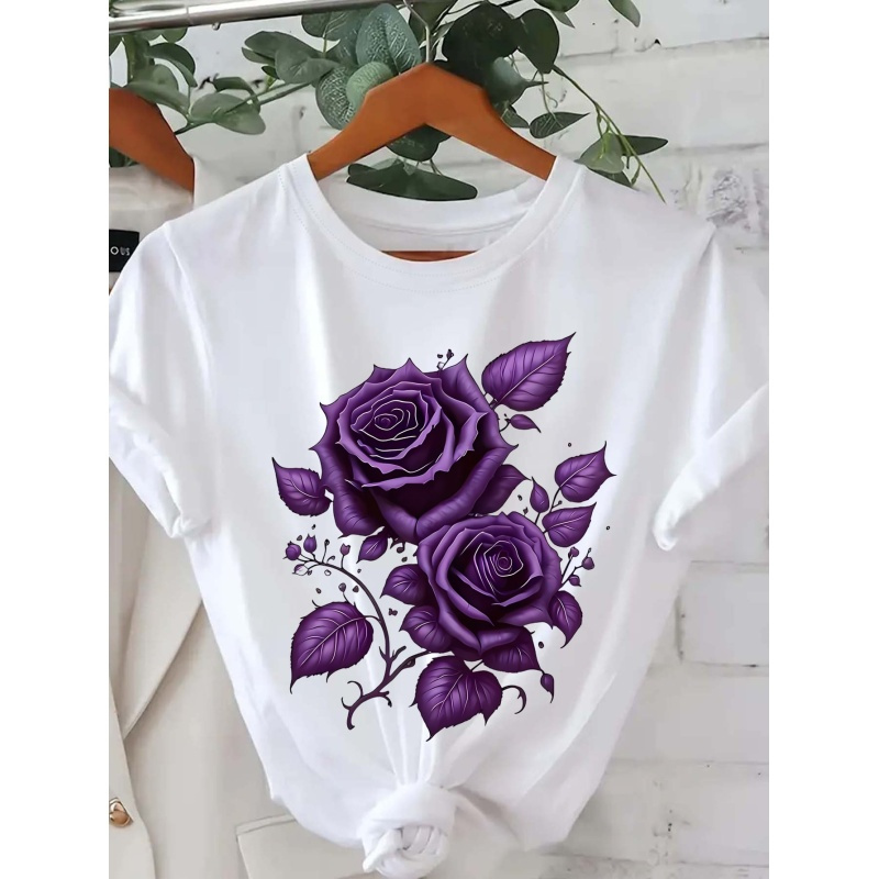 

T-shirt décontracté à col rond pour femme avec de roses , tissu tricoté 95 % polyester 5 % élasthanne, haut d'été et de printemps à manches courtes, vêtements de mode toutes