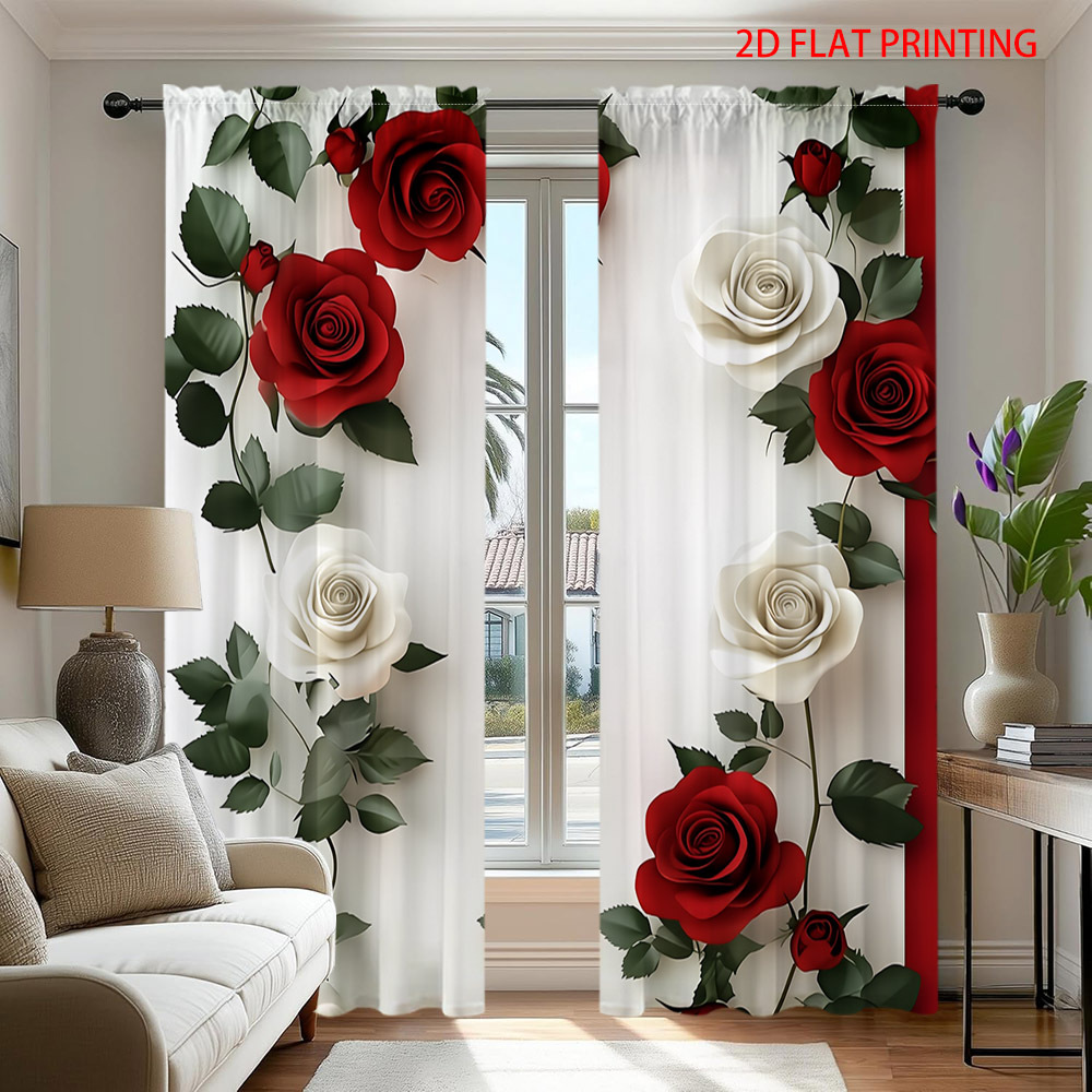 TEMU 2d Flat, 2pcs, 2d Flat Print, Red And White Rose Pattern Curtains, White, Privacy Curtains, Blackout Curtains, Modern Minimalist Pastoral Style