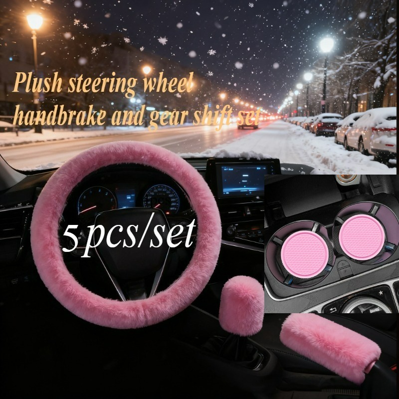 TEMU Lot de 5 pièces : Housse de volant en peluche, protège-épaule de ceinture de sécurité, housse de frein à main et coussin de boîte à accoudoir,
