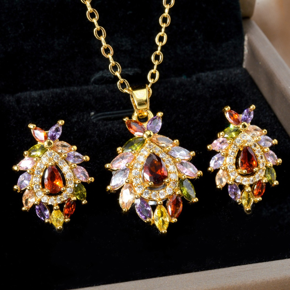 Colorful Flower Element Jewelry Set with Synthetic Zirconia