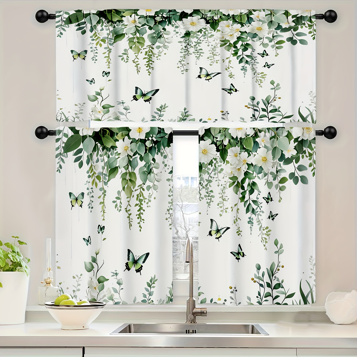 TEMU 2d Flat - 2d Flat - Set Of 3 Kitchen Curtains Featuring A Vintage Design With Green Leaves, White Flowers, And Patterns, Suitable For Rod Pocket