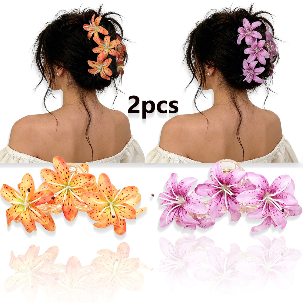 TEMU 2pcs Summer New Artificial Lily Flower Hair Claw Clip, Large Floral Shark Hair Clip For Women, Bohemian Beach Vacation Hair Grips, Multicolor