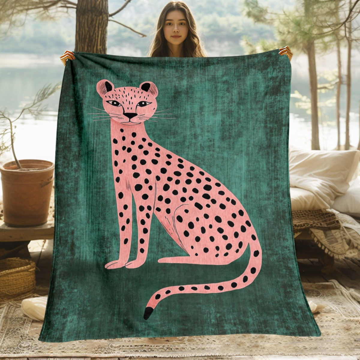 TEMU 1pc A Pink Leopard Green Patterned Blanket - A Lightweight Flannel Throw Suitable For The Sofa, Bed, Travel, Living Room, Office, Couch, And Bed