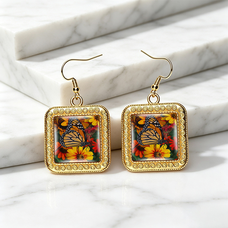 Monarch Butterfly on Bright Flowers Square Glass Dangle Earrings