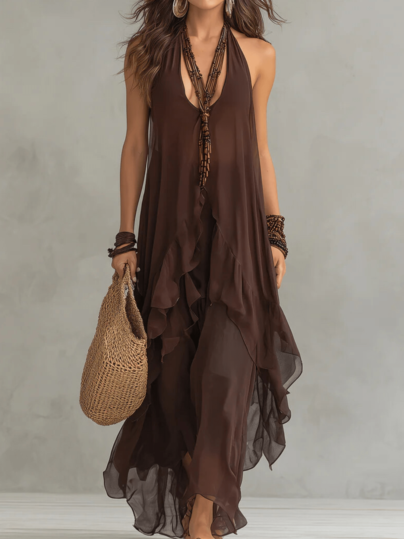 chic brown dress Exclusive Brown Long Sleeve Maxi Dress main image 0