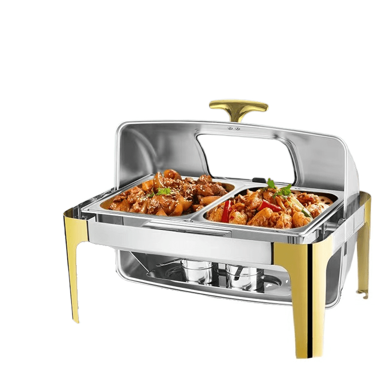 Image of Set Of 3 Roll Top Chafing Dishes For Buffets, Featuring A Glass Window And In Stylish Golden And Silver Colors, Perfect For Catering Events, Weddings, And Parties. ( For Cooking) ( For Cooking)