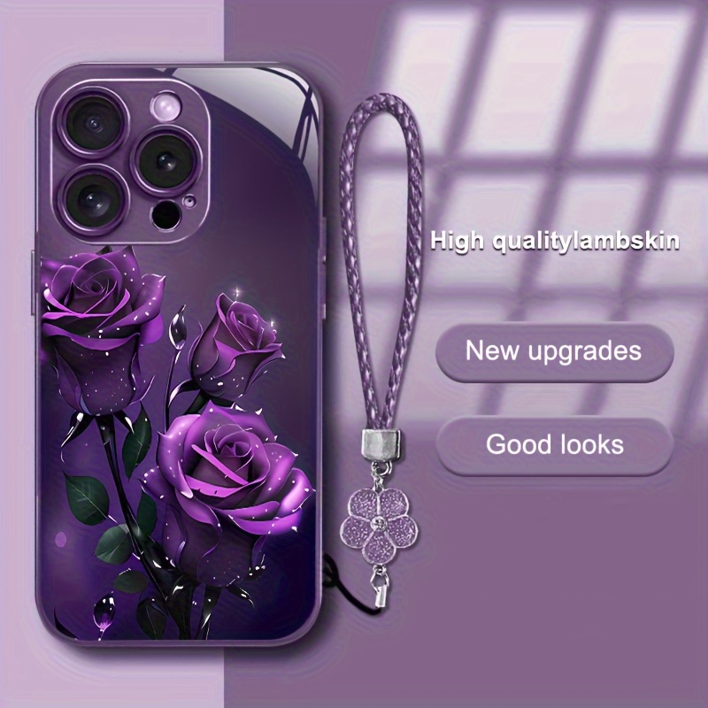TEMU Phone Case: Elegant Purple Rose Metallic Paint Tempered Glass Hard Phone Case With Lanyard For Girls, Suitable For Iphone 16/16 Pro/16 Plus/