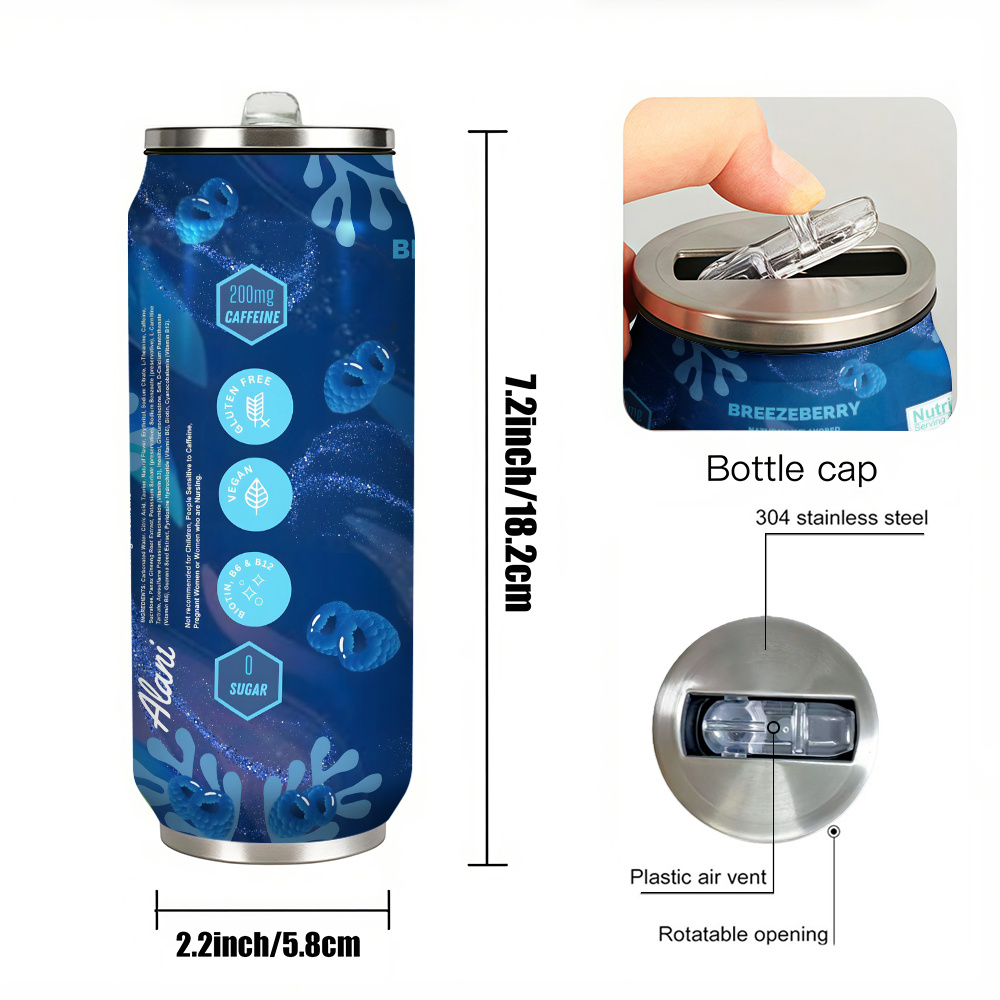 One 17Oz Breezeberry Flavored Energy Drink Can Containing Caffeine - a Double-Walled Vacuum Insulated Stainless Steel Water Bottle Suitable for Outdoor Fitness And Camping