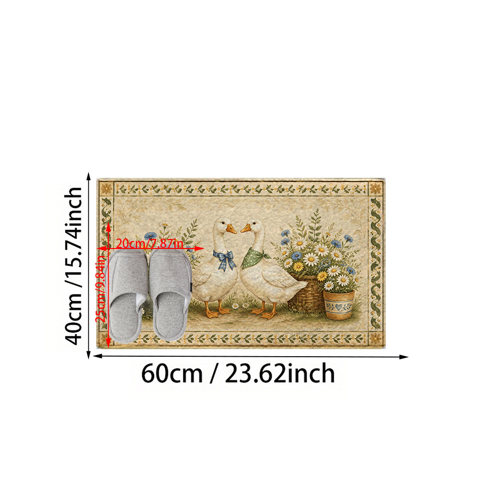 TEMU 1pc 2d Flat 2 Geese With Floral Decor Patterned Bathroom Mat Made Of Artificial Faux Cashmere Material, Nonslip Entry And Welcome Mat Washable