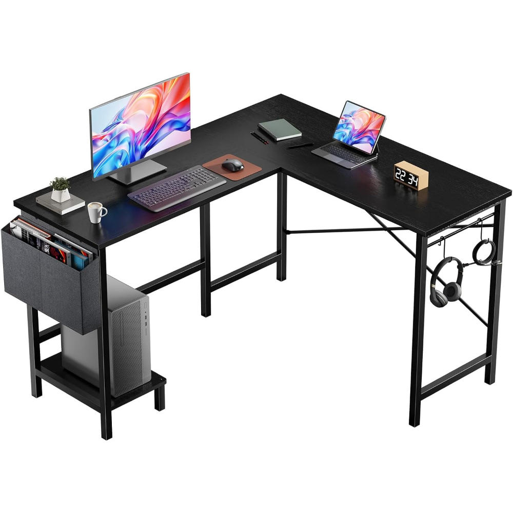 TEMU L Shaped Computer Desk With Reversible Design, Storage Bag & Headphone Hooks, Corner Gaming Desk With Cpu Stand, Sturdy Metal Frame Home Office