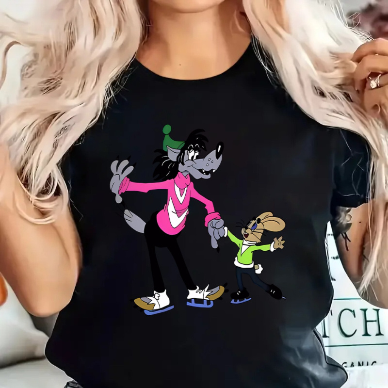 

Women's Cartoon Wolf & Bunny Graphic Tee - Casual Black Short Sleeve T-shirt, Soft Polyester , Machine Washable, Wolf T Shirt