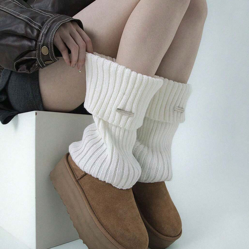 

1 Pair Women's Knitted Leg Warmers - 100% Polyester, Solid Color, Chic Label Detail, Comfortable & Stylish, Hand Wash Only