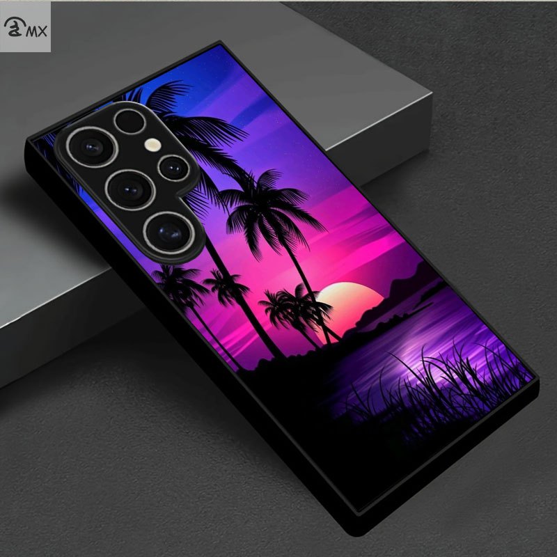 TEMU Phone Case - A Beautiful Night Scene Design Featuring Sunset, Coconut Trees, And Beach, Suitable For Galaxy S25 Plus, S25 Ultra, S24 Plus, S24