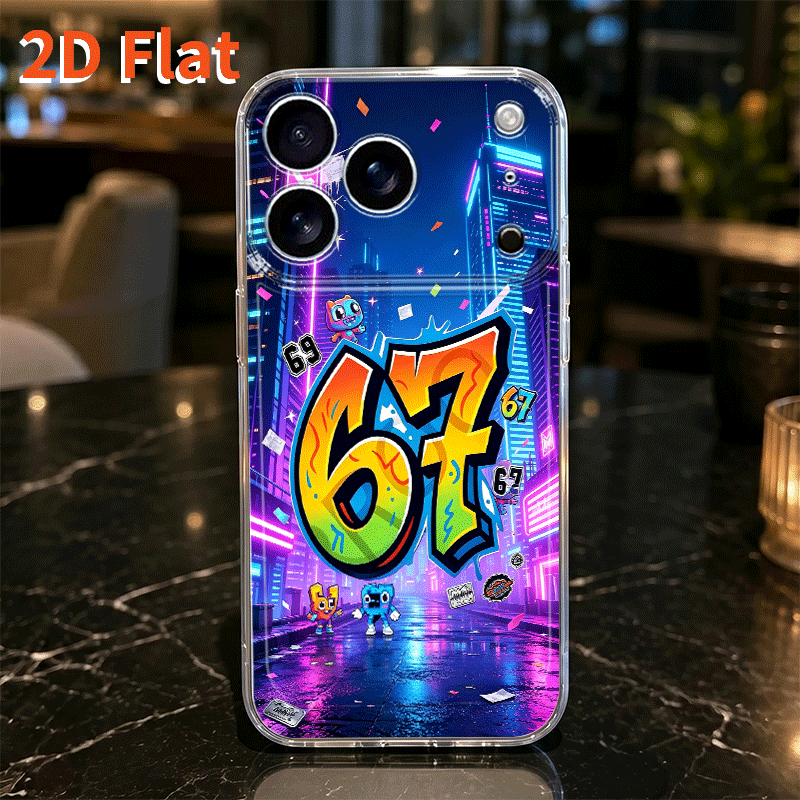 TEMU Phone Case: 2d Flat Cyber Neon Number 67 Phone Case, Suitable For Iphone 17/16/15/14/13/12/11 Pro Max/x/xs/xr/xsmax/7/8/6/6s Plus/16e/17e,