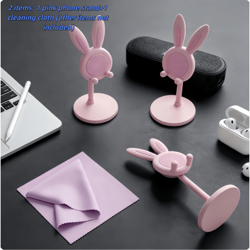 TEMU 2 Items: 1 Pink Phone Holder + 1 Wiping Cloth, Easter Bunny Phone Holder | Cute Pink With Bunny Ears And Bow, Height Adjustable 0°-90°, Durable